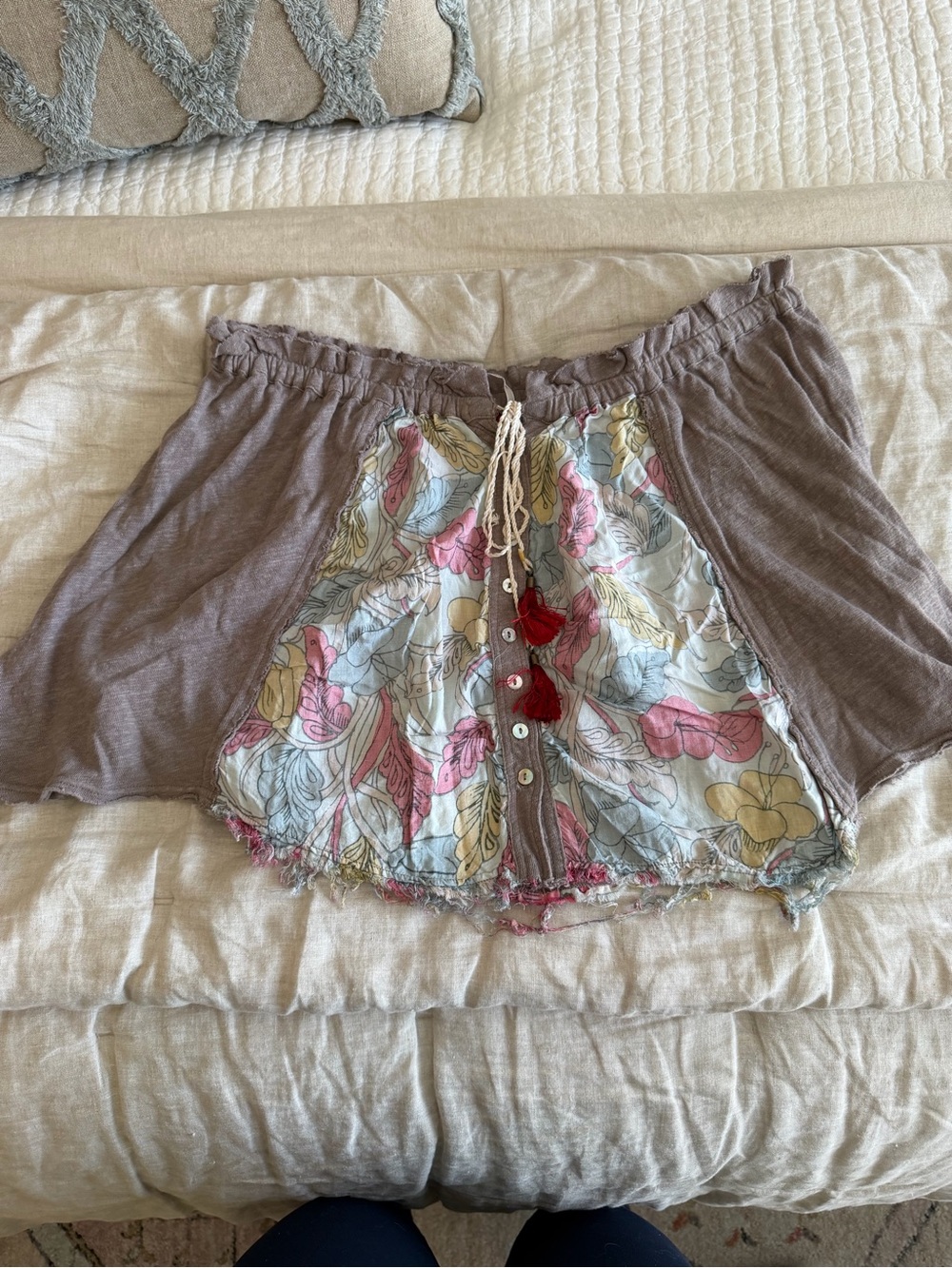 Free People Taupe Panel Blouse with Pastel Floral Front